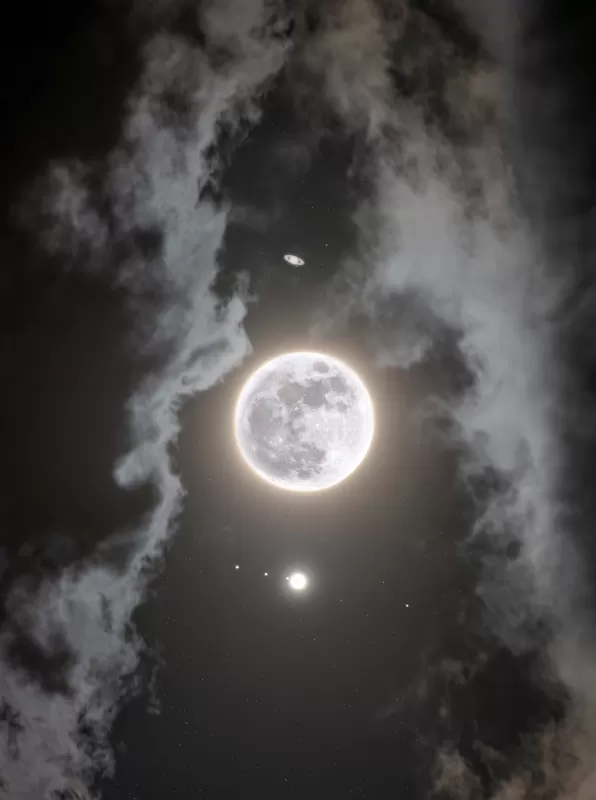 Moon, Jupiter, Saturn, Composition, Night, Dark, Cloudy, Surreal, 5K