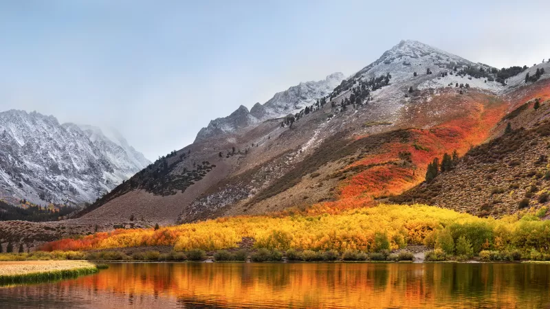 macOS High Sierra wallpaper, Autumn mountains, Lake reflection