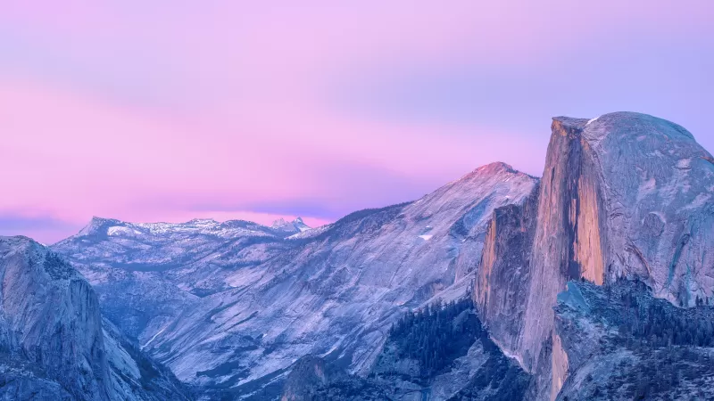 OS X Yosemite, Half Dome, Yosemite National Park, Yosemite Valley, Cliff, Mountains, Sunset, Twilight, Pink sky, California, 5K, Stock