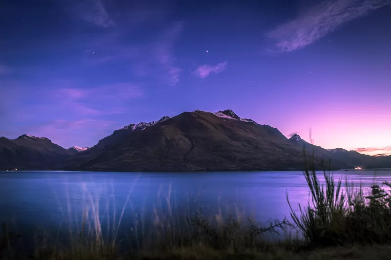 Lake Wakatipu, New Zealand, Mountain, Stars, Sunset, Dusk, Purple sky, Landscape, 5K