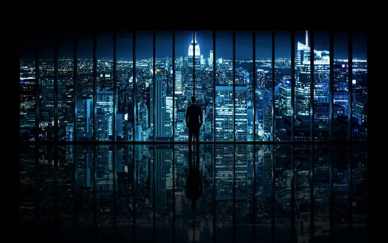 New York City, Man in suit, Cityscape, City lights, Standing, Man, Reflection, Pattern, Skyscrapers, Night time