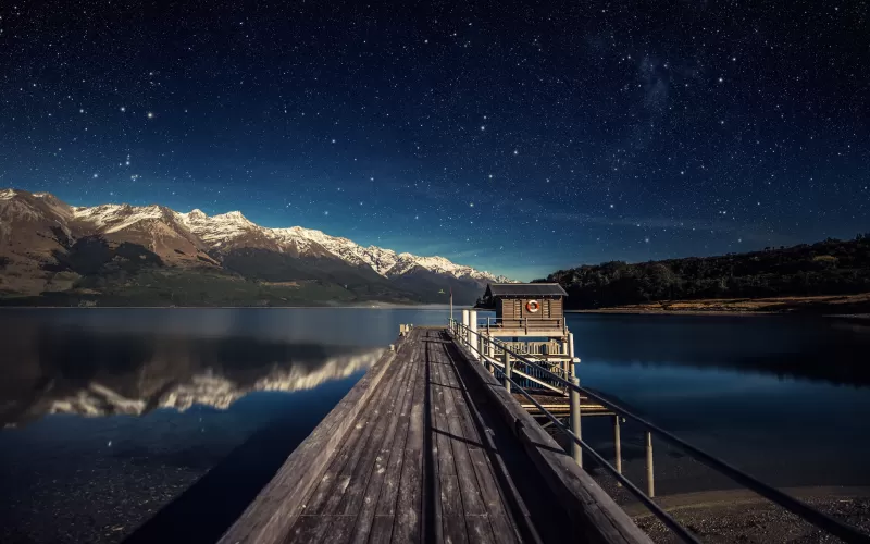Lake Wakatipu, New Zealand, Mountain range, Snow covered, Reflection, Glacier mountains, Wooden House, Pier, Starry sky, Landscape, Scenery