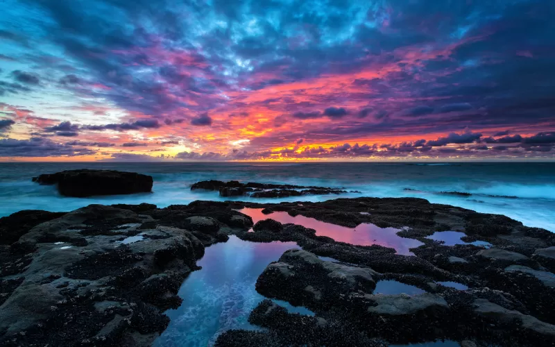 Rocky coast, Cape Arago, Sunset, Seascape, Long exposure, Sea waves, Cloudy Sky, Evening, Landscape, Scenery, Horizon, 5K