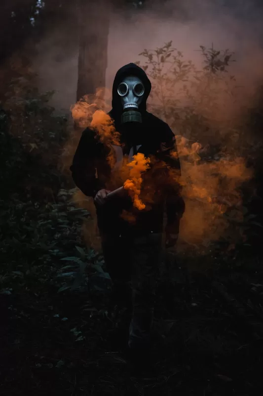 Man in Mask, Black Jacket, Smoke can, Dark background, Orange Smoke, 5K