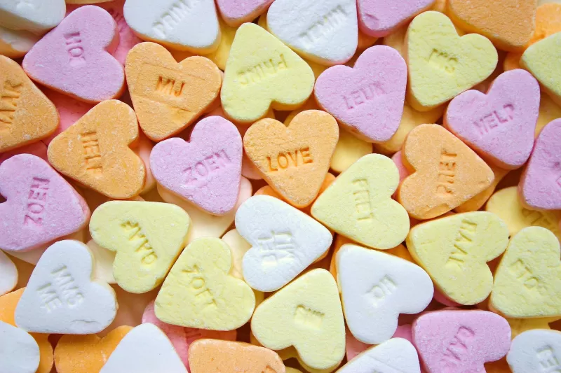 Heart Candies, Sweet candy, Confectionery, Delicious, Colorful, Shapes, Texture, Yellow, Pink