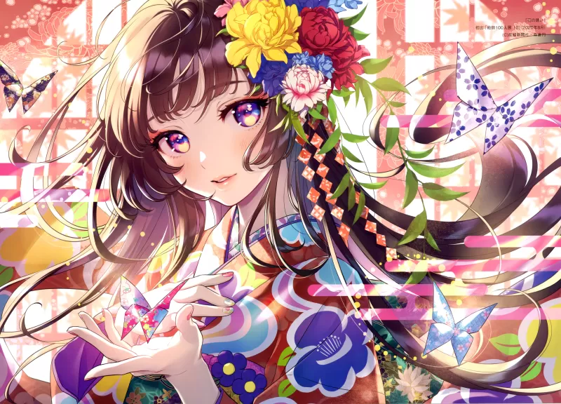 Anime girl, Floral, Colorful, Girly, Magical, 5K