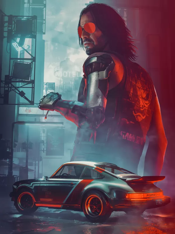 Johnny Silverhand, Cyberpunk 2077, Keanu Reeves, Game Art, Fan Art, Porsche 911 Turbo, 2021 Games