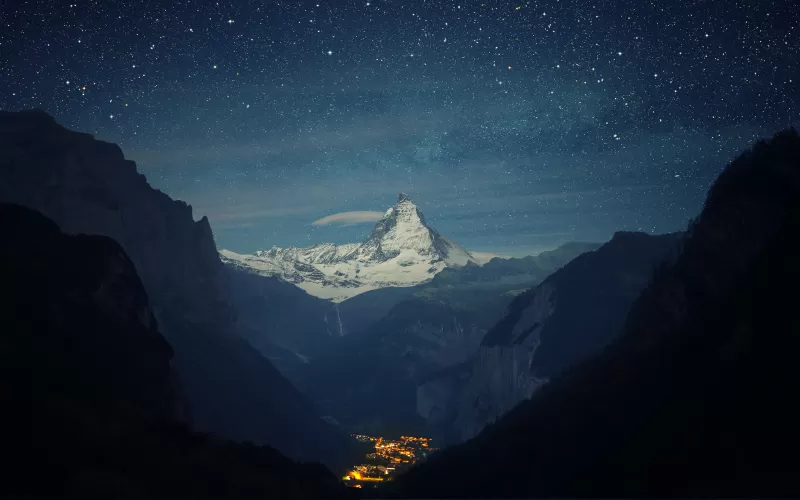 Matterhorn starry night wallpaper, Lauterbrunnen valley, Village lights