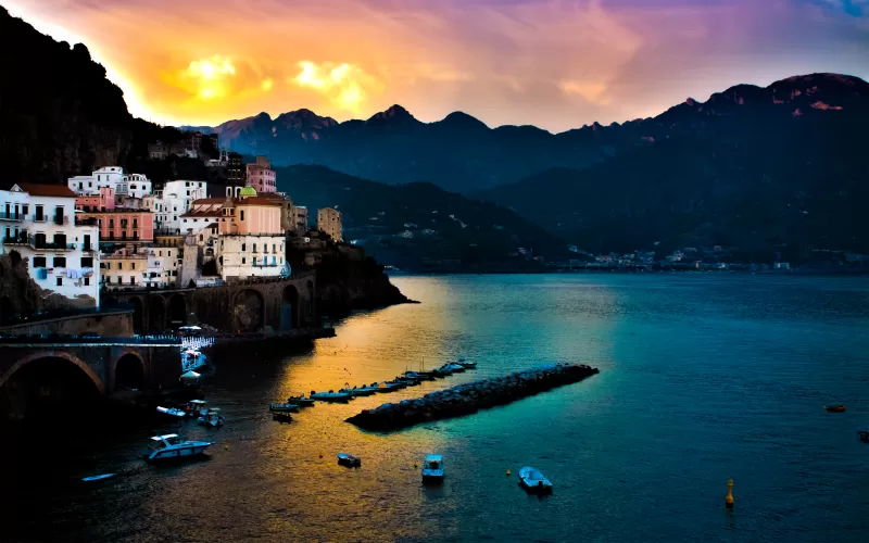 Tyrrhenian Sea, Amalfi, Italy, Cliffs, Mountain range, Seascape, Boats, Body of Water, Long exposure, Sunset, Landscape