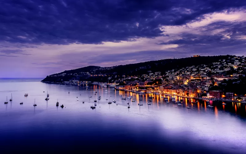 Villefranche-sur-Mer, France, Sunset, Purple sky, Seascape, Twilight, Dark clouds, Boats, Long exposure, Body of Water, Dusk, City lights