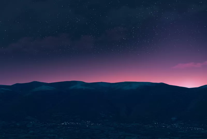 Starry sky over hills, Pink horizon, Night silhouette, HD wallpaper