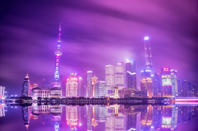 Oriental Pearl Tower, Shanghai Tower, China, Cityscape, City lights, Night time, Purple sky, Reflection, Skyscrapers, Landscape, Skyline, 5K
