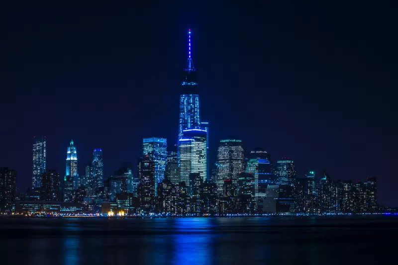 New York City, City Skyline, Cityscape, City lights, Dark background, Night time, Body of Water, Reflection, Skyscrapers, 5K, 8K