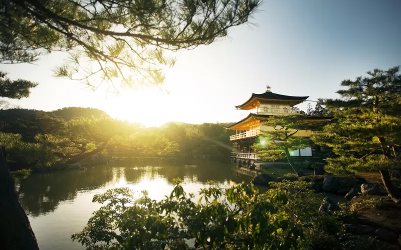 Kinkakuji Temple, Rokuon-ji, Buddhist temple, Kyoto, Japan, Sunset, Landmark, Lake, Ancient architecture, Tourist attraction, Golden temple, Green Trees, Landscape