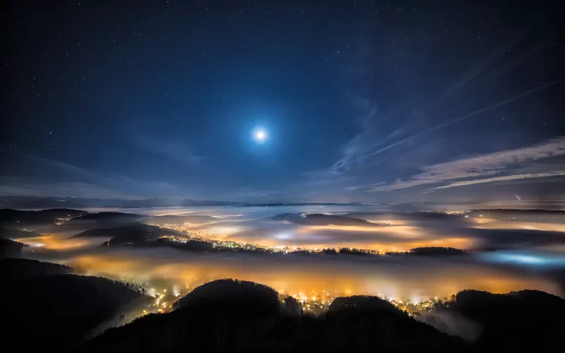 Swiss plateau night fog wallpaper, Moonlight, Village lights