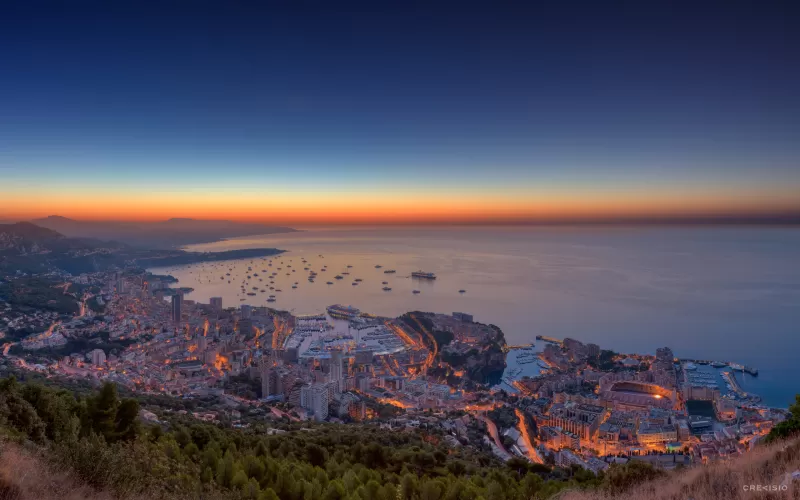Monaco Yacht Show, Monaco City, Cityscape, City lights, Aerial view, Horizon, Sunrise, Seascape, Boats, Skyscrapers, HDR, Ocean