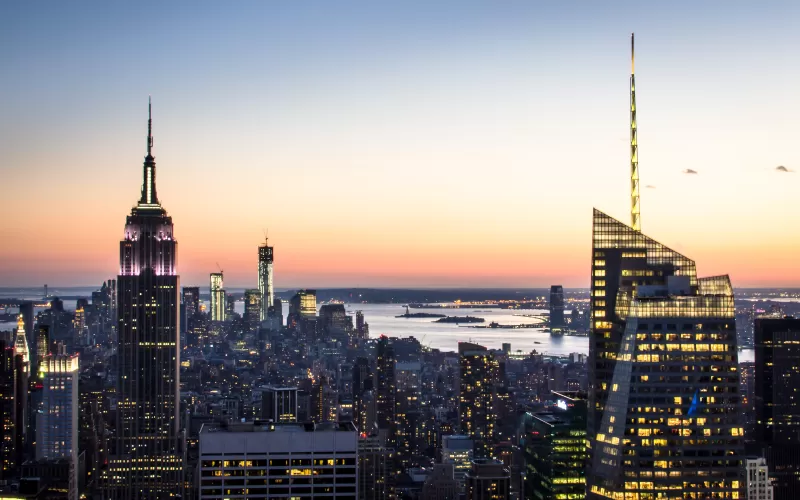 New York City, Aerial view, Cityscape, City lights, Landmark, Rockefeller Center, City Skyline, Sunset, Skyscrapers, Dusk, Horizon, High rise building