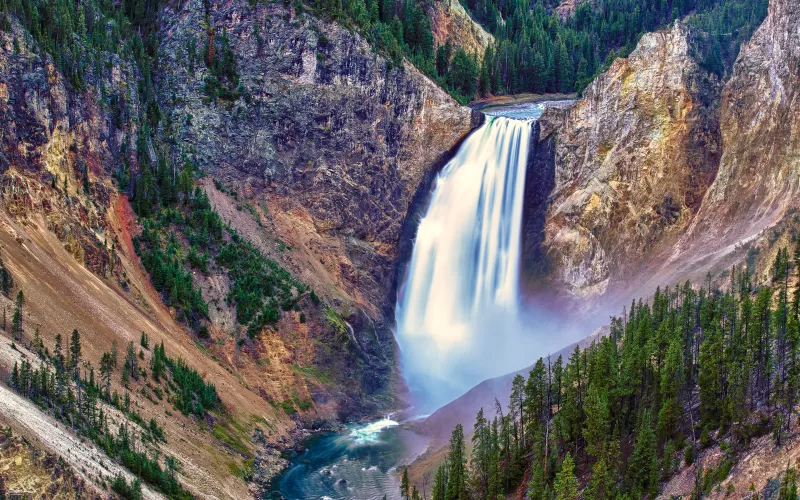 Lower Falls, Yellowstone National Park, Wyoming, Yellowstone River, United States, Yellowstone Falls, Waterfalls, Cliffs, Dawn, Long exposure, Water Stream, Landscape, High Dynamic Range, HDR