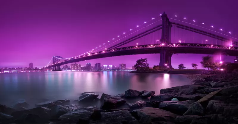 Manhattan Bridge, New York City, United States, Purple sky, Body of Water, River, Suspension bridge, Landscape, Famous Place, Tourist attraction, Rocks, Long exposure, City lights, Cityscape, Aesthetic, 5K, 8K