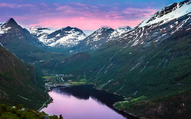 Geiranger Fjord, Norway, Valley, Village, Sunset, Glacier mountains, Snow covered, Mountain range, Landscape, Reflection, Purple sky