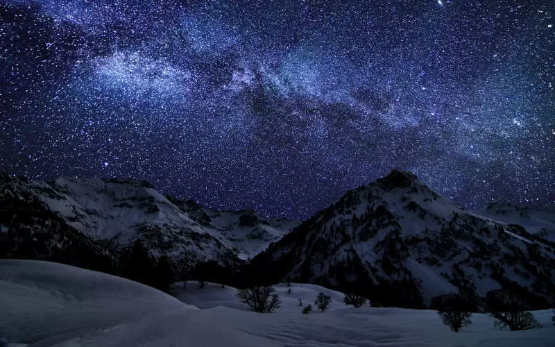 Glacier mountains, Snow covered, Night time, Landscape, Milky Way, Galaxy, Stars, Long exposure, Astronomy, Digital composition