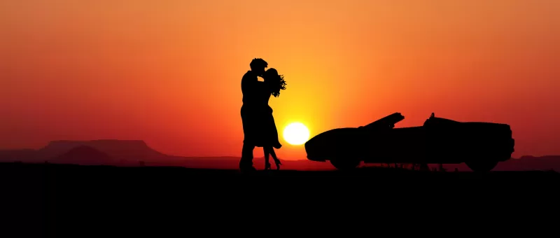 Couple, Romantic kiss, Sunset, Silhouette, Car, Together