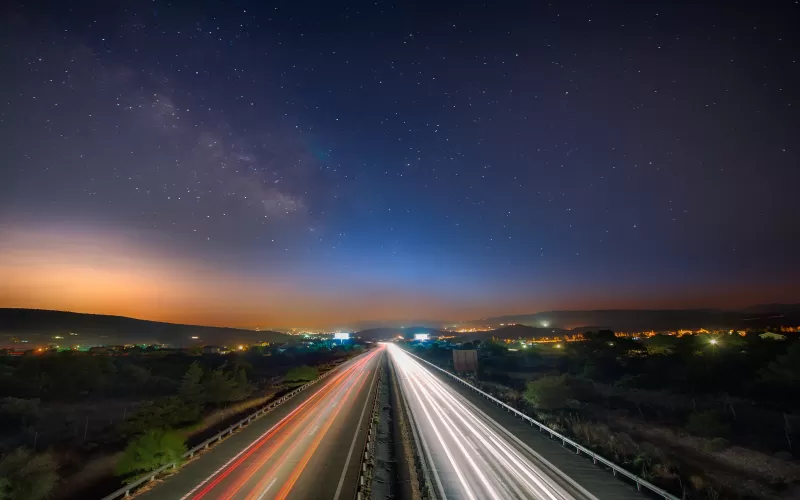 Highway, Light trails, Limassol city, Cyprus, Cityscape, City lights, Night time, Dusk, Milky Way, Astronomy, Outer space, Starry sky