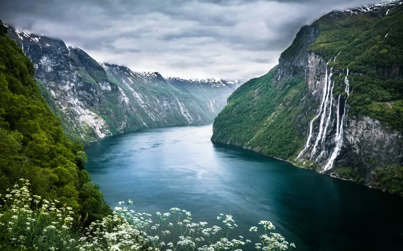 Seven Sisters waterfalls, Norway, Geirangerfjorden, Cliffs, Landscape, Mountains, Cloudy Sky, River, Evening, Flowing Water