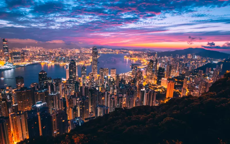 Hong Kong, Cityscape, Night, City lights, Metropolitan, Twilight, Skyline, Aerial view, 5K