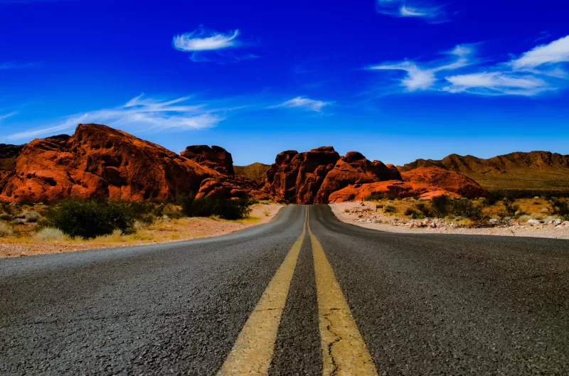 Valley of Fire State Park, Nevada, United States, Endless Road, Rock formations, Blue Sky, Clear sky, Red rocks