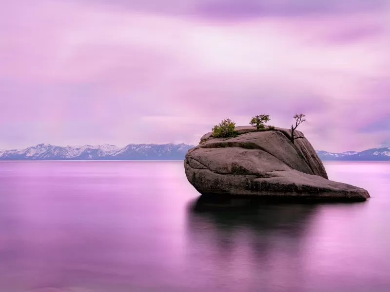 Lake Tahoe, United States of America, Pink sky, Rock, Long exposure, Mountain range, Body of Water, Pink Water, Landscape, Scenery, Shadow, 5K