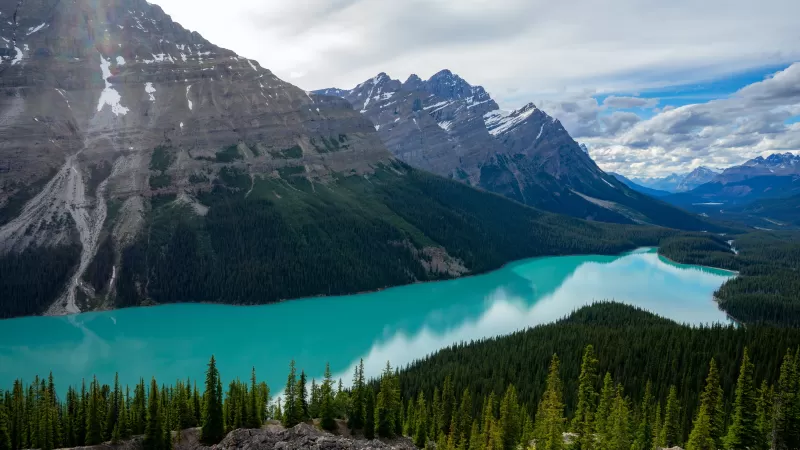 Peyto Lake, Canada, Glacier mountains, Snow covered, Landscape, Mountain range, Banff National Park, Canadian Rockies, Cloudy Sky, Turquoise water, 5K