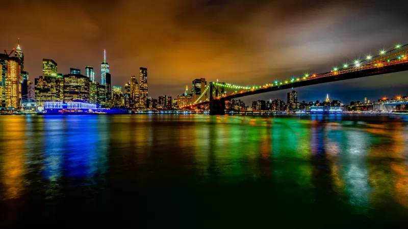 Brooklyn Bridge, New York, Cityscape, City lights, Night time, Skyline, Body of Water, Reflection, Long exposure, Skyscrapers, 5K
