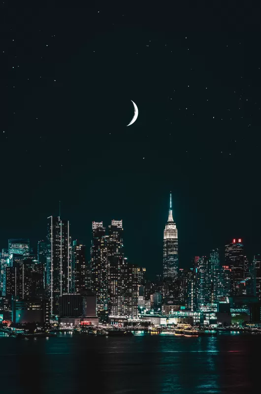 New York City, Cityscape, Night, City lights, Half moon, Starry sky