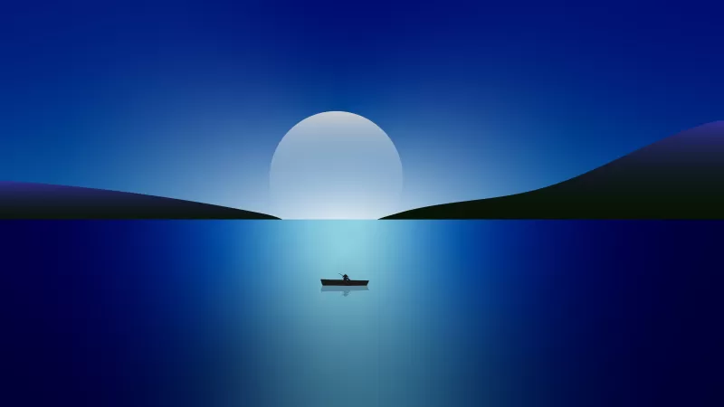 Moon, Night, Seascape, Sailing boat, Blue, Minimal, 5K, 8K