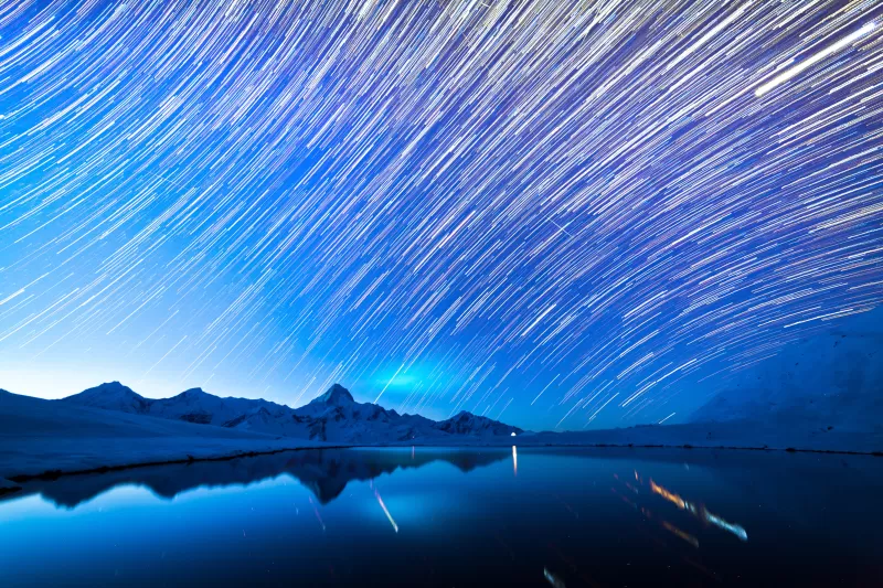Star Trails, Astronomy, Mountain range, Mountain Peak, Glacier mountains, Snow covered, Landscape, Outer space, Lake, Reflection