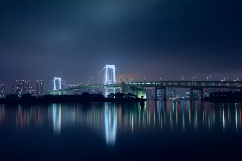 Rainbow Bridge, Tokyo, Japan, Suspension bridge, Waterfront, Silhouette, Cityscape, City lights, Night time, Skyscrapers, Reflection, 5K