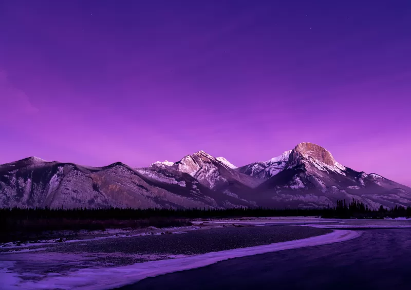 Jasper National Park, Alberta, Canada, Morning glow, Purple sky, Rocky Mountains, Landscape, Long exposure, Mountain range, Scenery, Aesthetic, 5K