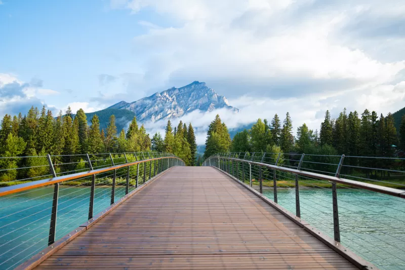 Wooden bridge, Banff National Park, Green Trees, Mountain Peak, Cloudy Sky, Landscape, Scenery, River, Rocky Mountains, 5K, 8K