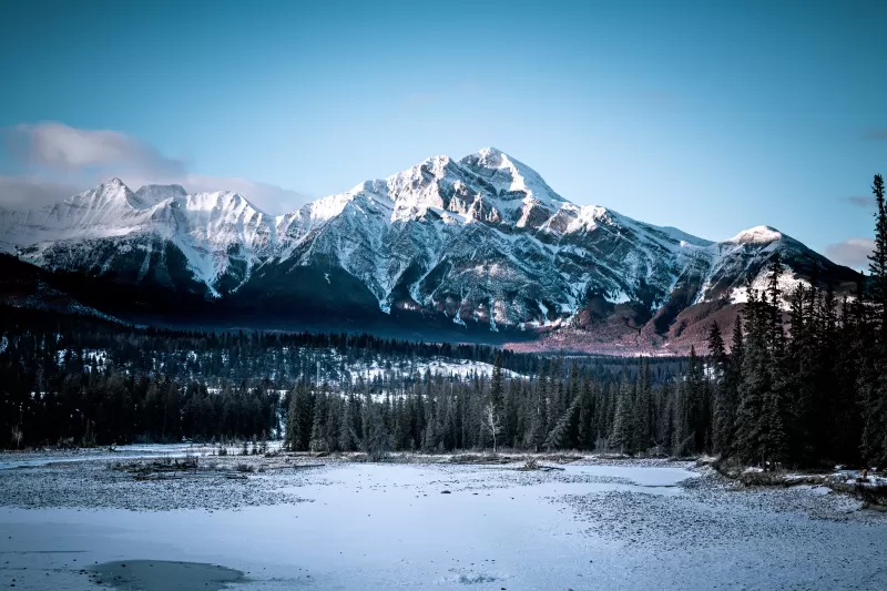 Jasper National Park, Alberta, Canada, Winter, Glacier mountains, Rocky Mountains, Mountain range, Blue Sky, Landscape, Scenery, Snow covered, 5K, 8K