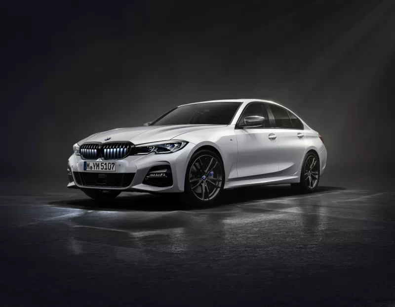 BMW 330i Iconic Edition, Glowing kidney grille, White sedan, Dark studio, 2021 wallpaper