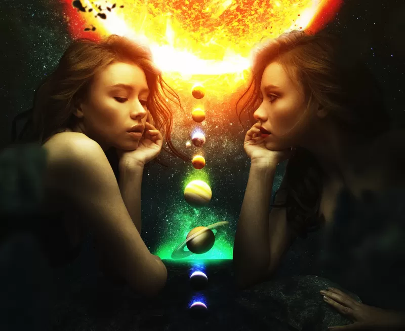 Twin girls and planets wallpaper, Surreal space art, Solar system