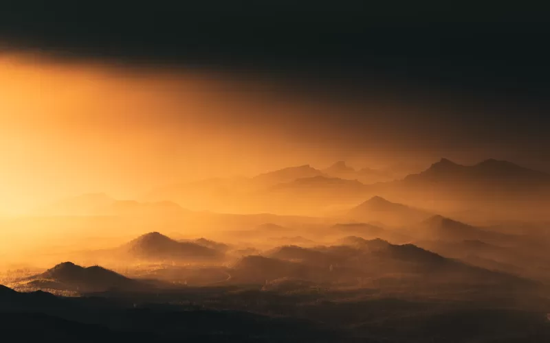 Golden haze over hills, Volcanic mountains, Sunset glow, 4K wallpaper