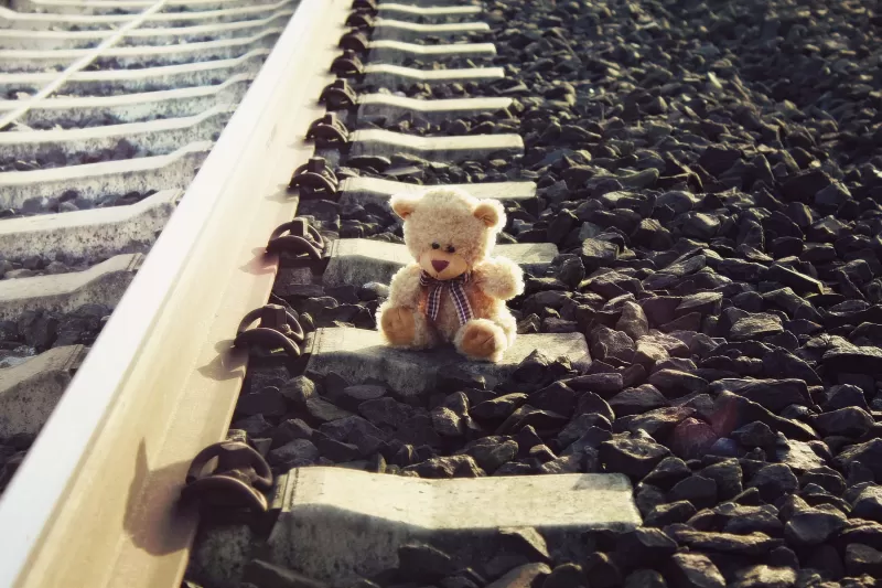 Teddy bear, Brown, Railway track, Pattern, Stones, Lonely, Cute toy