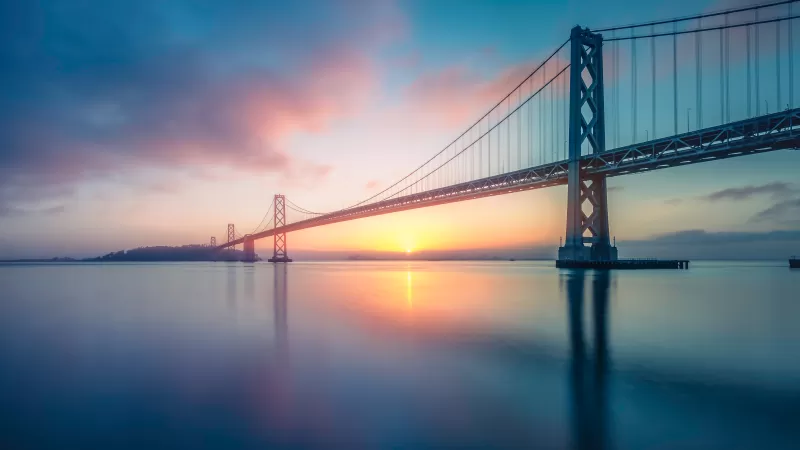 Oakland Bay Bridge, San Francisco, California, Sunrise, Body of Water, Long exposure, Landscape, 5K