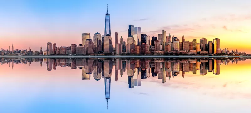 New York City, Skyline, Panorama, Sunset, Skyscrapers, Reflection, Cityscape, Digital composition, Aesthetic, 5K