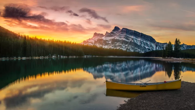 Two Jack Lake, Banff National Park, Alberta, Canada, Sunrise, Boat, Reflection, Glacier mountains, Snow covered, Alpine trees, Landscape, 5K