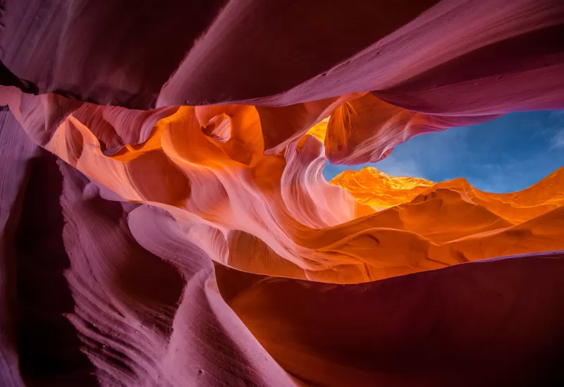 Lower Antelope Canyon Wallpaper, Arizona, Tourist attraction, Famous Place, Rock formations, Curves, Looking up at Sky, 5K