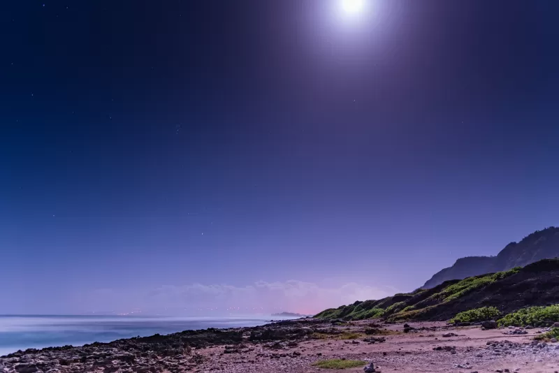 Moon light, Beach, Night sky, Seascape, 5K