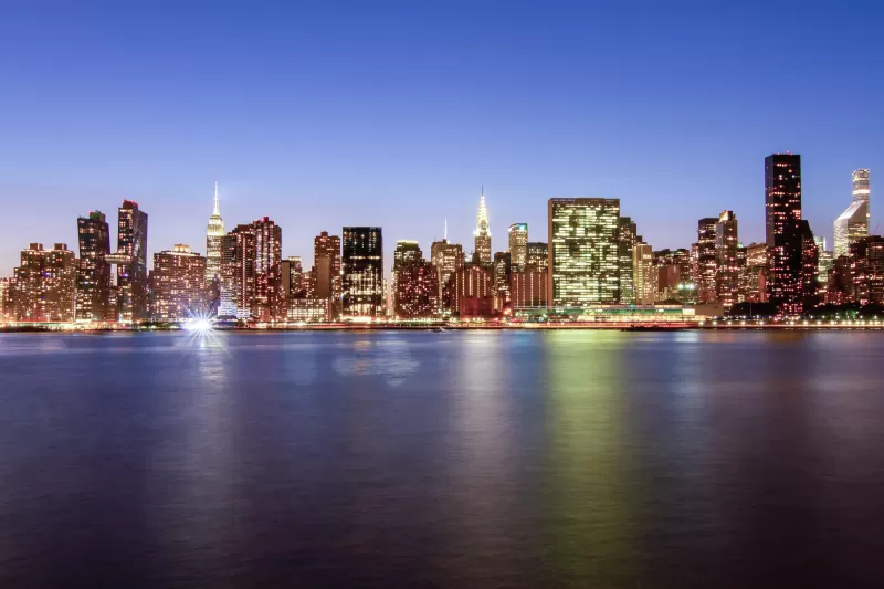 New York City, Cityscape, City lights, Skyline, Night time, Body of Water, Reflection, Long exposure, Dusk, Skyscrapers, Clear sky, 5K